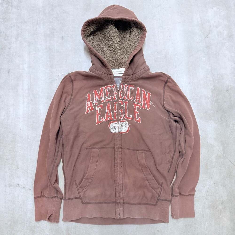 American Eagle Outfitters Brown Faded Sherpa Lined Full Zip Hoodie Size L